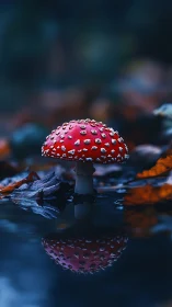 Scarlet forest mushroom mirrored in quiet blue water.