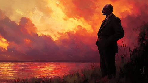 Elderly man in suit observing vivid sunset over water.