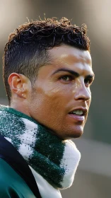 Side-profile athletic portrait with textured winter scarf.