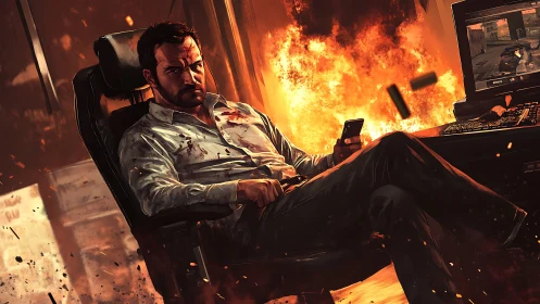 Battle-hardened executive in burning high-tech office.