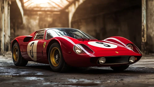 Low-angle portrait of classic red endurance race car in ruins