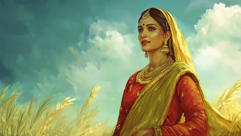 Elegant Indian Woman in Traditional Attire, Digital Art Portrait.