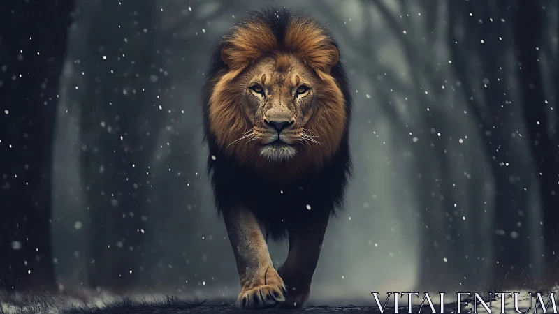Male lion strides through snowy forest with cinematic depth of field