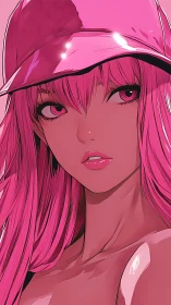 Pink haired anime girl in glossy cap close up portrait.