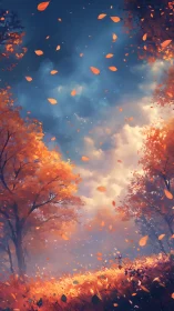 Autumn forest clearing with falling orange leaves at dusk.