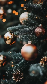 Copper ornaments glow on deep green Christmas branches.