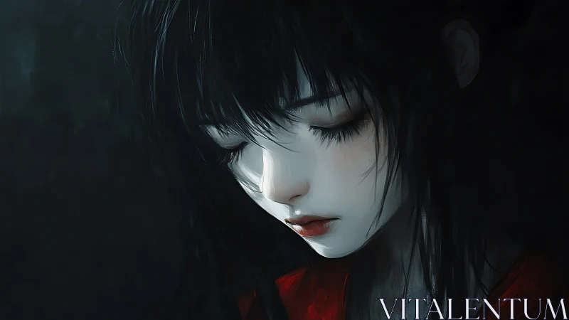 Melancholic digital portrait of dark haired young woman.