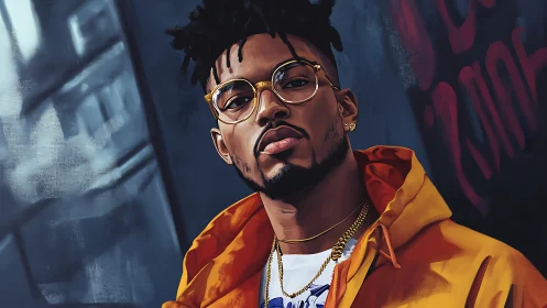 Urban portrait in orange hoodie with gold glasses and chains.