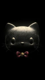 Luminescent Ceramic Feline Head with Specular Highlights and Metallic Bow Ornament