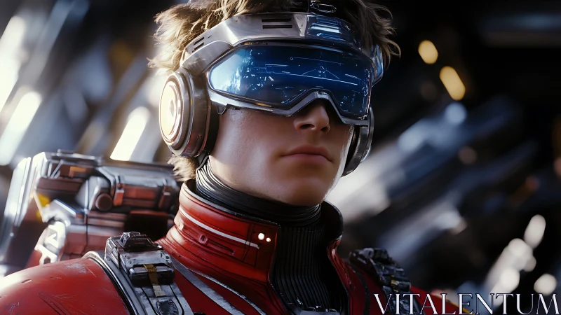 Futuristic pilot in red suit with visor and headset gear.