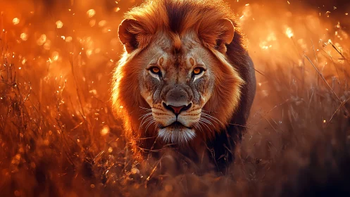 Golden hour lion strolling through glowing savanna grass.