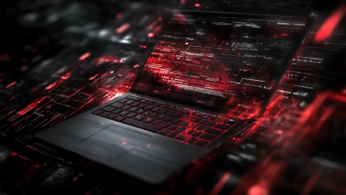 Cybernetic laptop amid cascading red data stream matrix.