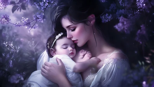 Ethereal Embrace: Mother and Child in Lavender Moonlight