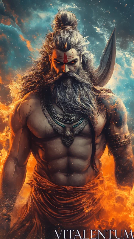 Fiery warrior sage walks through flames with unshakable calm