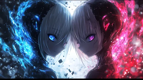 Twin anime figures split by blue and red energy divide.