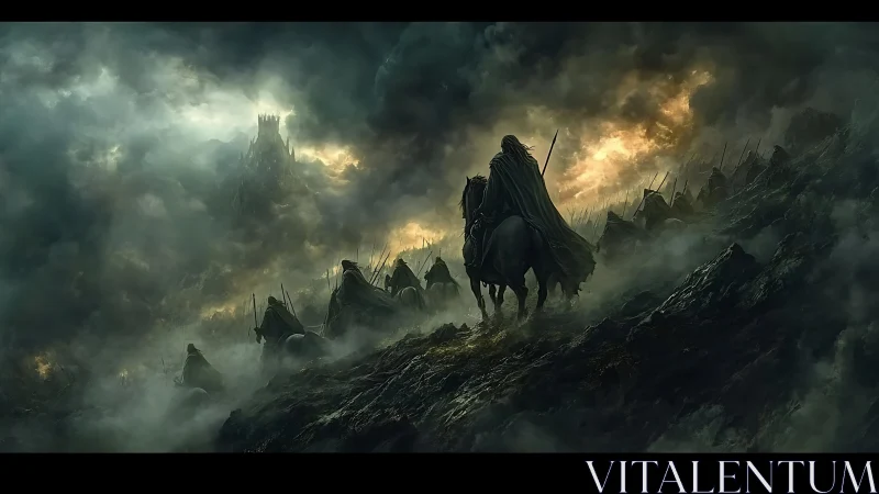 Mounted cloaked figures advance toward distant dark fortress.