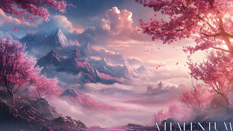 Dreamy cherry blossom valley cradled by misty mountains.