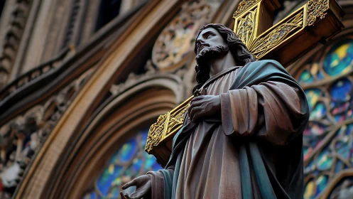 Serene church statue holding ornate golden cross with grace.