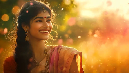 Smiling woman in traditional attire glows in golden sunset light