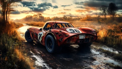 Weathered race car stands on muddy rural road at sunset
