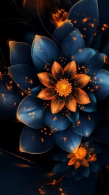 Digital floral composition with blue petals and orange glow.