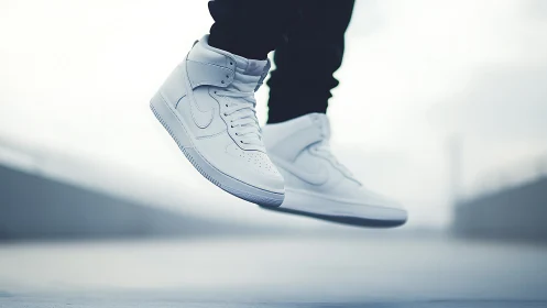 High-key close-up captures airborne white high-top sneakers mid-jump