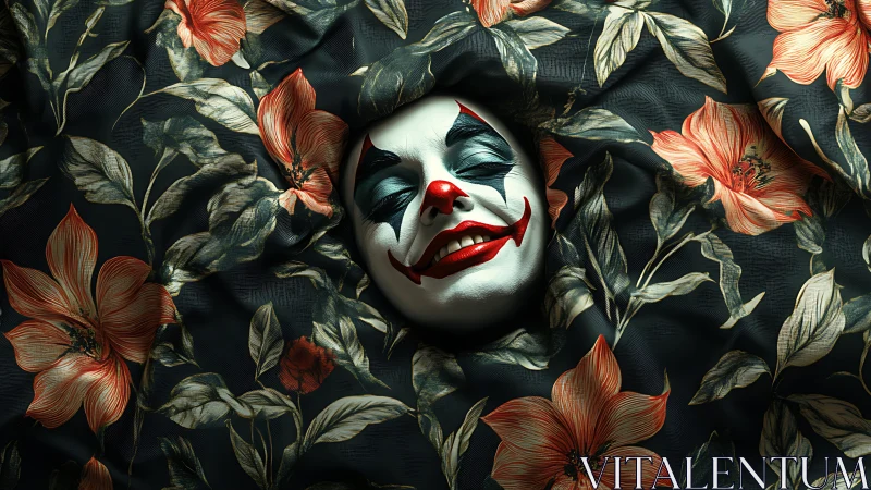 Clown mask emerges through dark floral fabric with cinematic lighting
