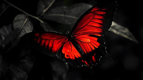 Scarlet butterfly spreads vivid wings over dark foliage
