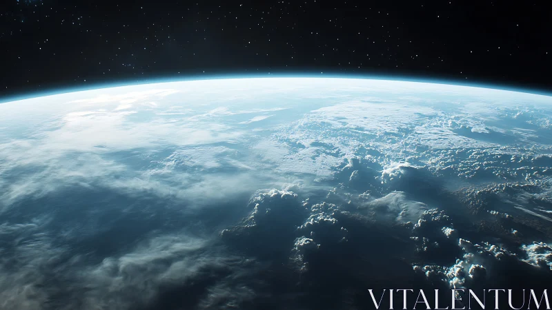 Curved Earth horizon with glowing clouds from orbit view.