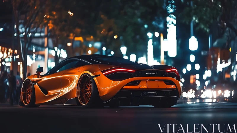 Orange sports car parked on city street at night.
