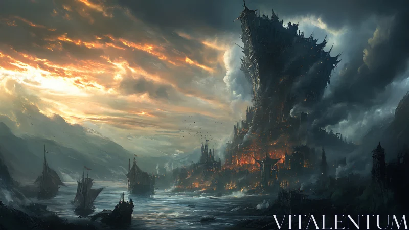 Burning fortress city under stormy sky at coastline.