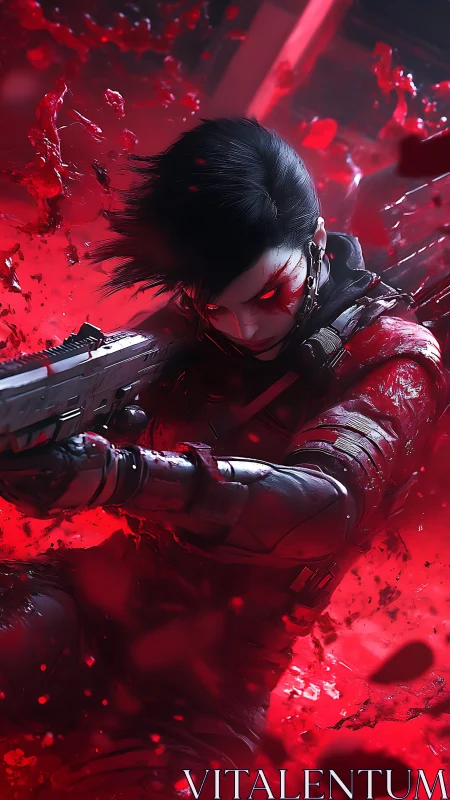 Armored combatant with firearm moving through red fluid field