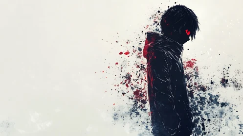 Solitary hooded figure dissolves into splattered red shadows