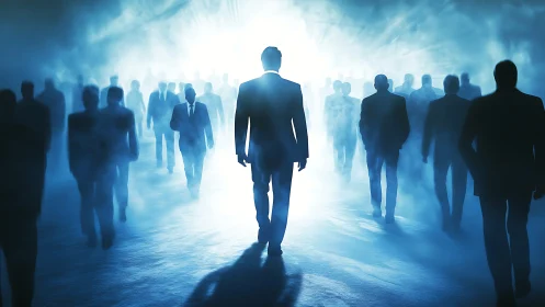 Silhouetted business crowd walking toward intense backlight.