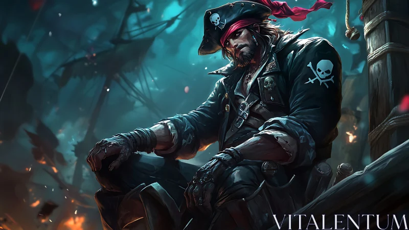 Battle-hardened pirate captain in cinematic teal-orange storm.