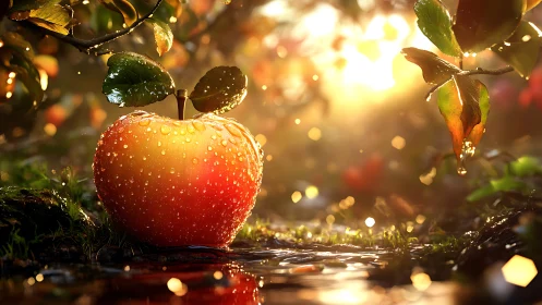 Dew-covered apple on ground with foliage and backlight.