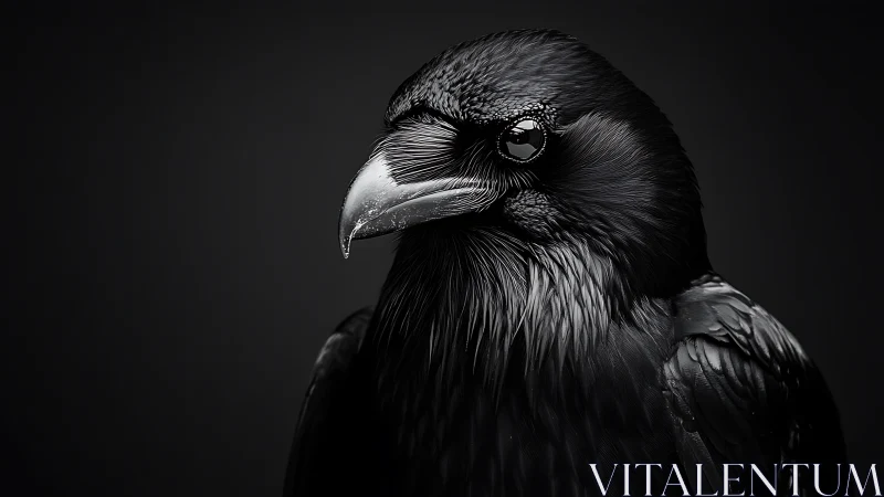 Glimmering raven portrait in soft shadowed monochrome light.