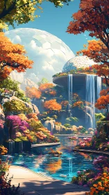 Futuristic terraced biospheres above luminous autumn lagoon.