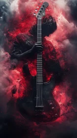 Guitarist silhouette merges with red smoke and electric bass