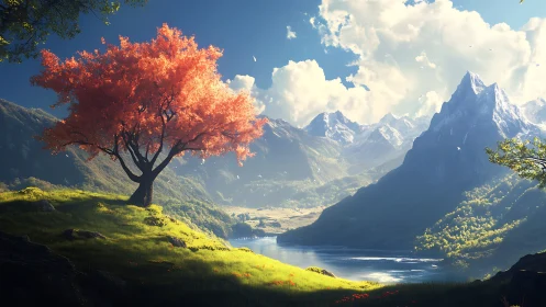 Crimson tree overlooking luminous alpine lake at sunrise.