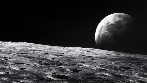 Lunar foreground with cratered horizon and distant crescent