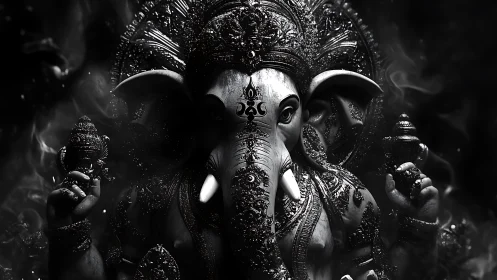 Monochrome Ganesha idol emerges from shadowed smoky void