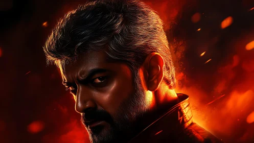 Intense bearded man in fiery red-orange digital portrait.