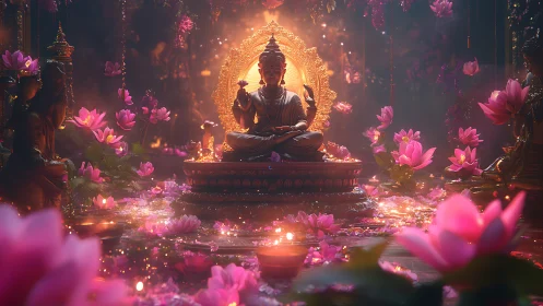 Lotus-lit deity shrine in glowing golden sanctuary.