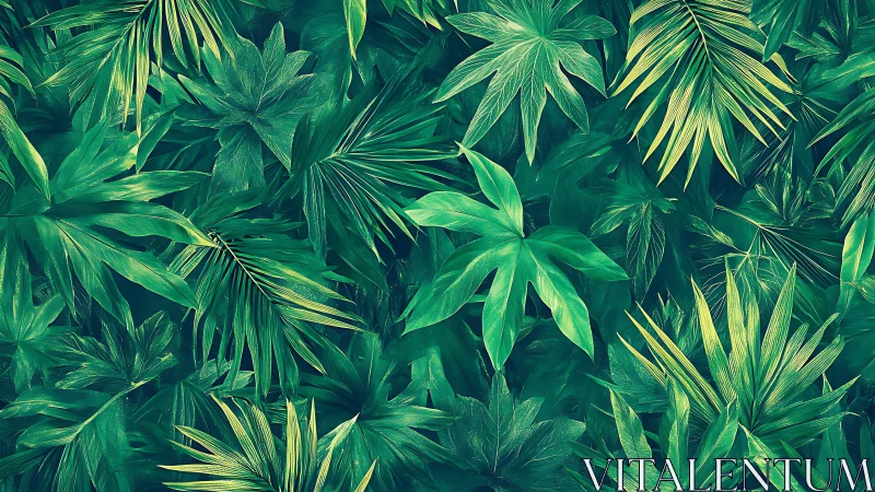 Dense layered tropical leaves in bold green tones.