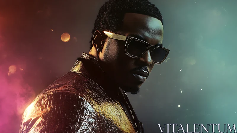 Stylish man in sunglasses against colored studio backdrop.