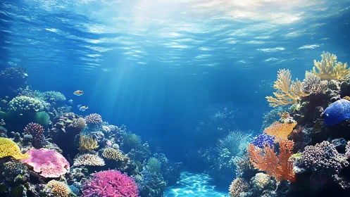 Sunlit coral reef ripples with colorful underwater life