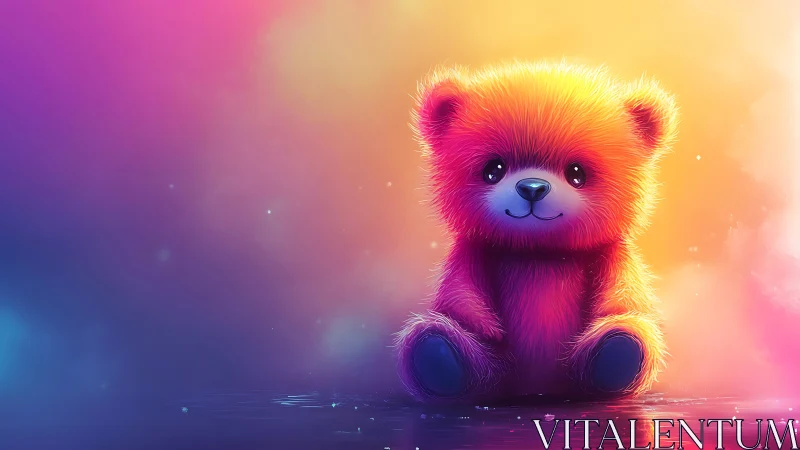 Radiant neon teddy bear in dreamy gradient glow scene.