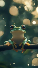 Bright eyed tree frog rests on a branch in dreamy light