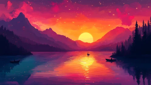 Vibrant alpine lake sunset with silhouetted boats and pines